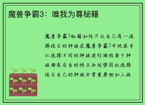 魔兽争霸3：唯我为尊秘籍