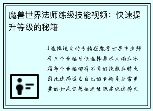 魔兽世界法师练级技能视频：快速提升等级的秘籍